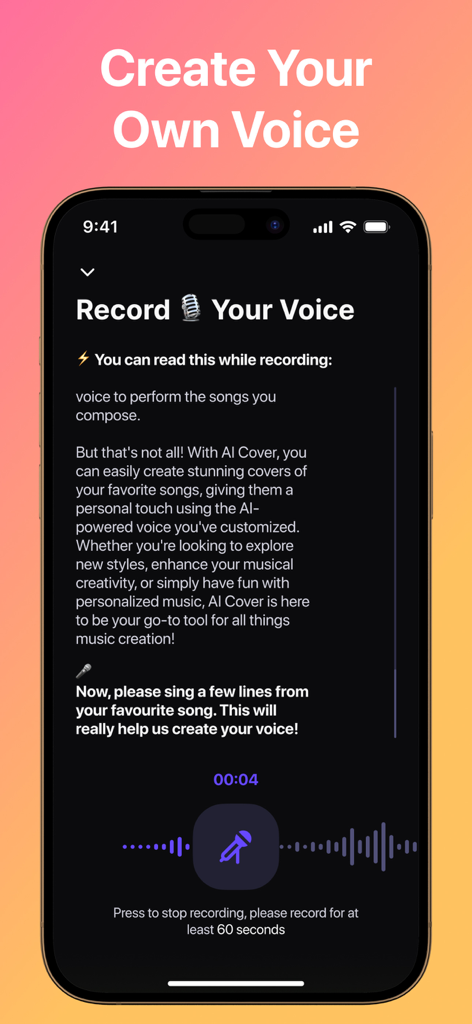 AI Music・Own Voice Cover Maker - A smartphone screen showing the voice recording interface to create a custom AI voice for music covers.