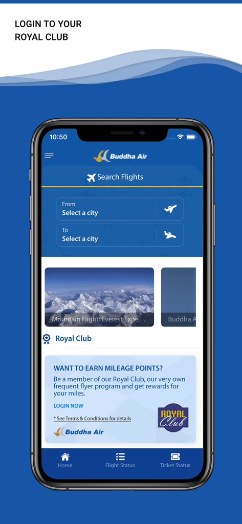 Buddha Air - Pantalla de inicio de la aplicación móvil Buddha Air que muestra la búsqueda de vuelos y los detalles del programa de fidelización Royal Club.