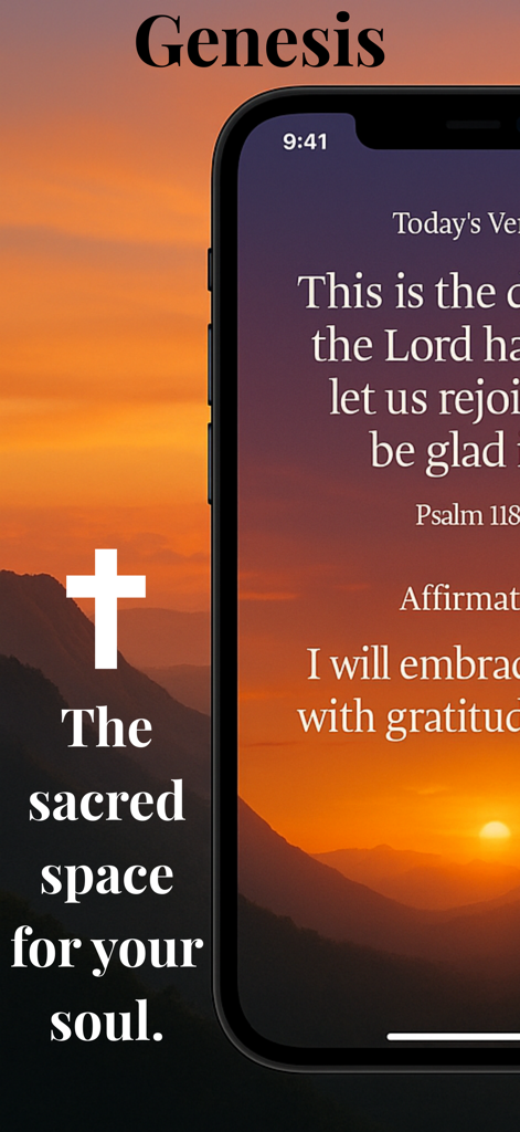 Genesis: The Bible Journal App - Schermata dell'app Genesi per il diario biblico che mostra un versetto biblico e un'affermazione su un paesaggio al tramonto