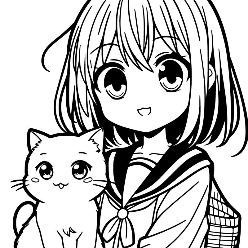 manga character girl with a cat