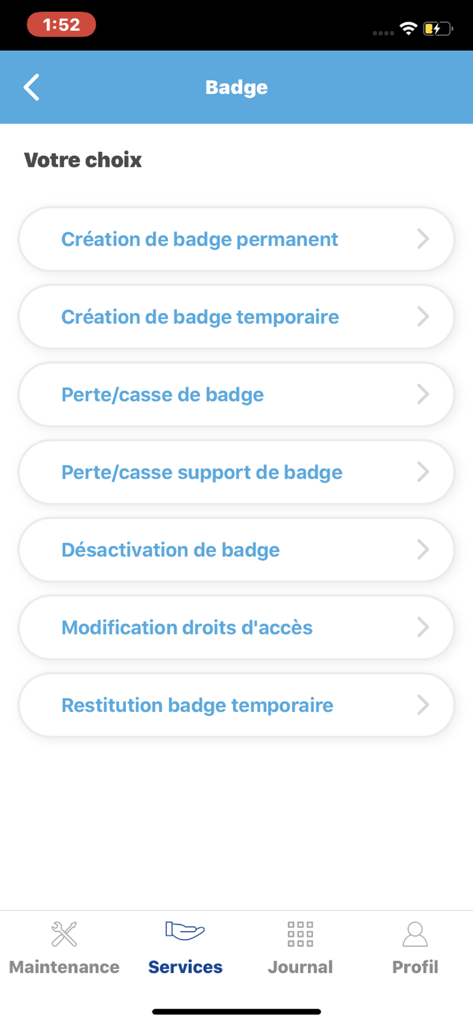 SamFM Smart Request - Badge management menu in the SamFM Smart Request app showing options for creating or deactivating access badges.