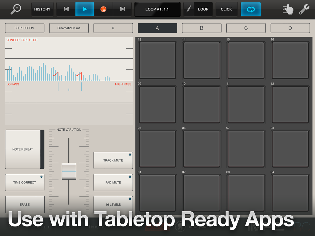 Tabletop - A 16-pad virtual drum machine interface within the Tabletop modular music production app.