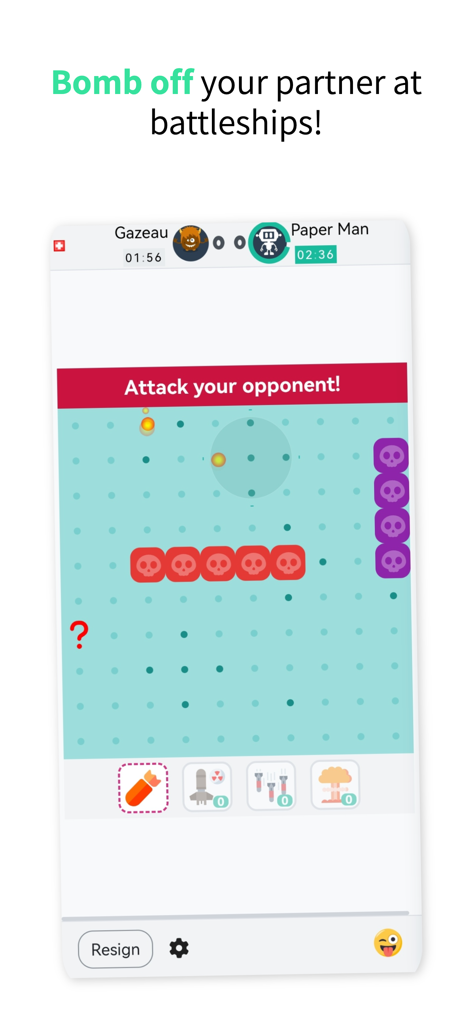 A multiplayer Battleship game session on the papergames app showing the attack grid and player icons