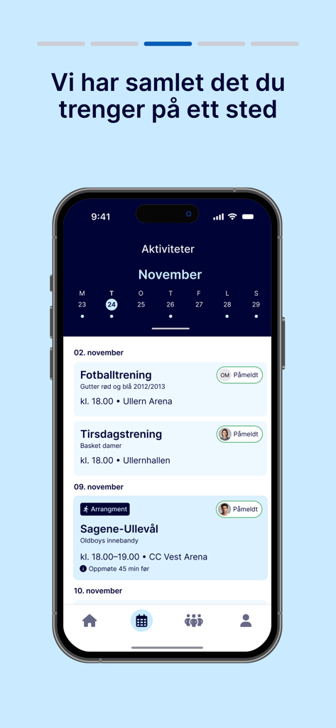 Min idrett - Min idrett app showing a sports activity schedule and training sessions.