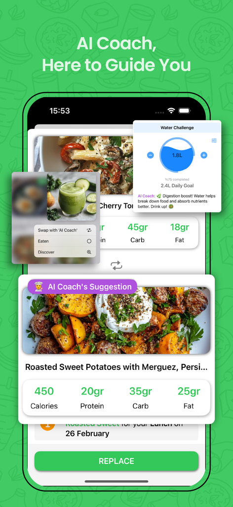 Interface of Recipe Hub app showing AI coach meal suggestions and a daily water tracker