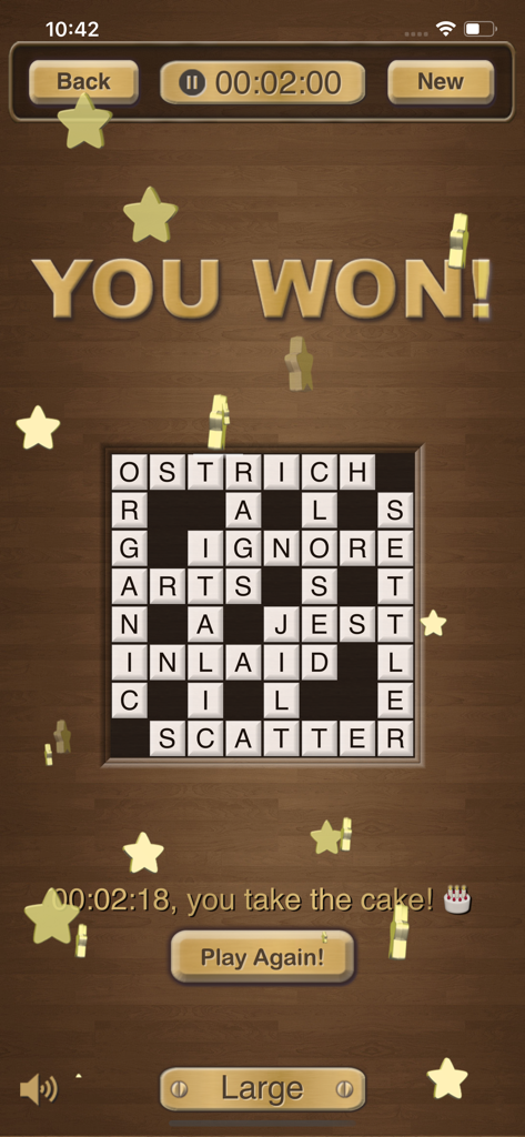 Crossword Jigsaw Puzzles - Victory screen of a completed crossword jigsaw puzzle level with stars and a wooden background