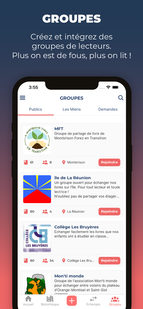 MyBlio mobile app interface showing various public reading groups and community book clubs available to join