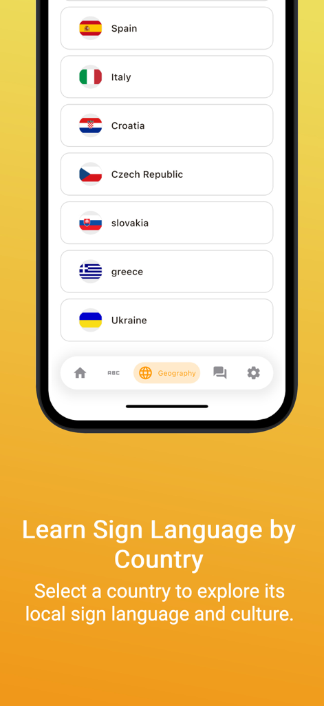 Tela do aplicativo móvel mostrando uma lista de países europeus para aprender suas línguas de sinais específicas