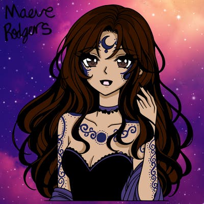 anime vampire woman, beautiful, long dark hair, crescent moon tattoo on forehead