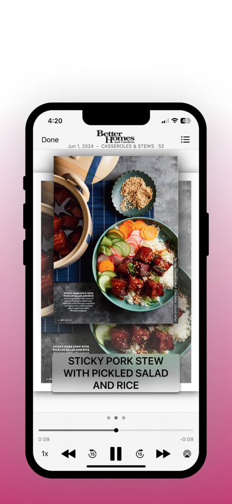 Better Homes and Gardens app displaying a sticky pork stew recipe page