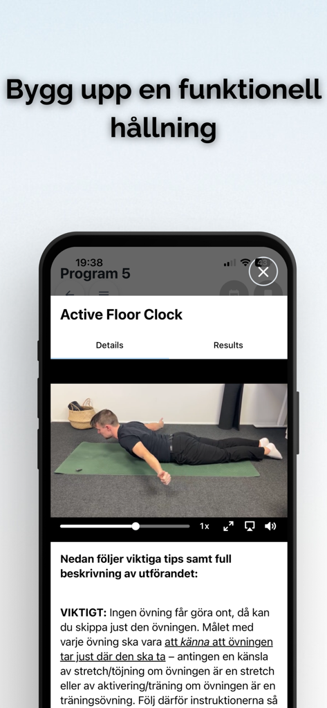 Cleer App - A smartphone interface displaying a postural training video and instructions for the Active Floor Clock exercise.