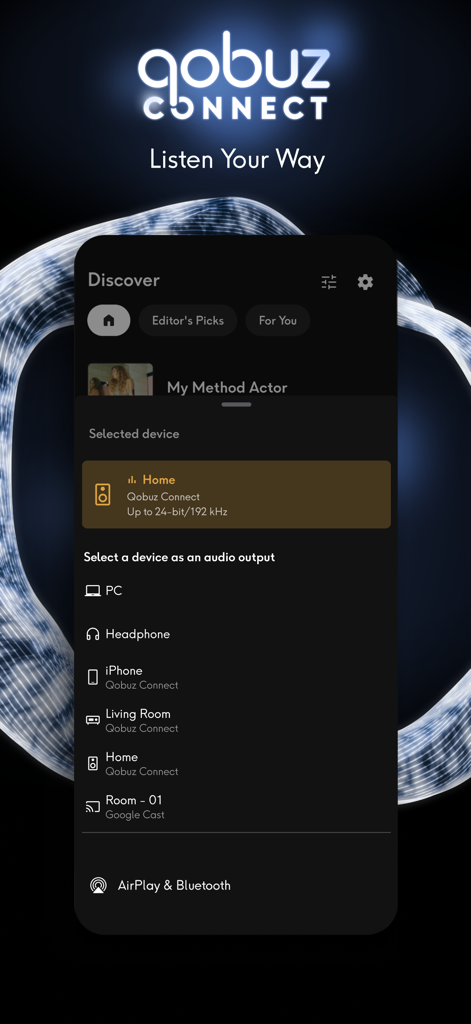 Qobuz: Music & Editorial - Pantalla de la aplicación Qobuz que muestra la selección de dispositivos para la salida de audio Hi-Res, incluidos altavoces y auriculares.