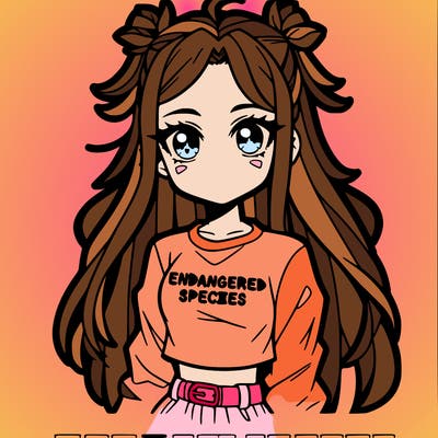 an anime baddie girl with a loose half-bun her eyes sparkle with ambition and cleverness, she is wearing a crop top that says "endangered species" on it