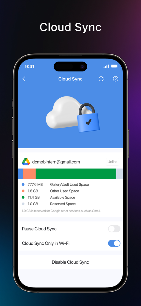 GalleryVault -Hide Photo Video - GalleryVault app interface showing cloud sync options and storage status