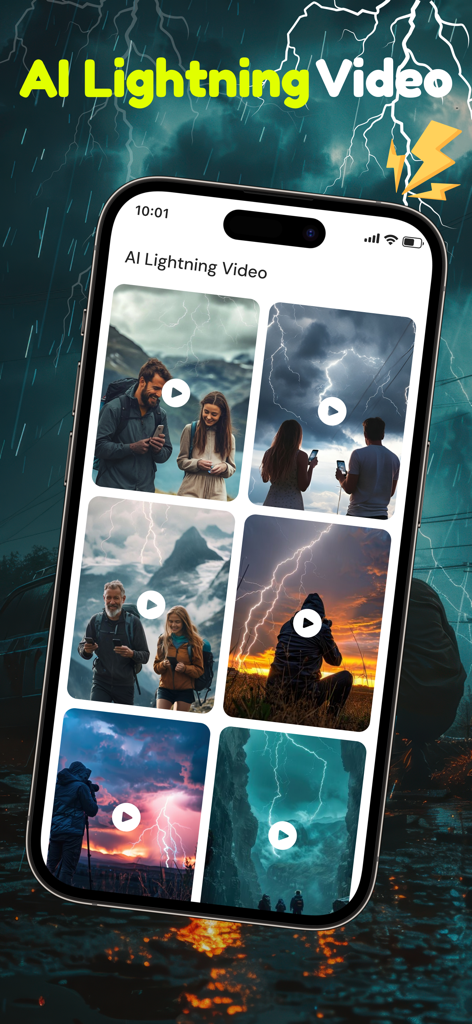 Lightning Tracker with Alerts - アウトドアアドベンチャーや嵐の天気をフィーチャーしたAI雷動画のギャラリーを表示するアプリ画面