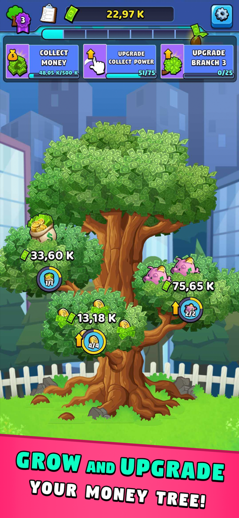 Money Tree 2: Business Tycoon - A cartoon money tree with dollar bill leaves and buttons to upgrade and collect cash in Money Tree 2