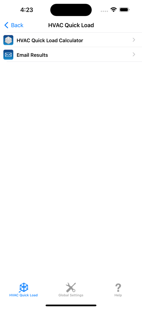 Main menu of the HVAC Quick Load app showing options for calculator and emailing results