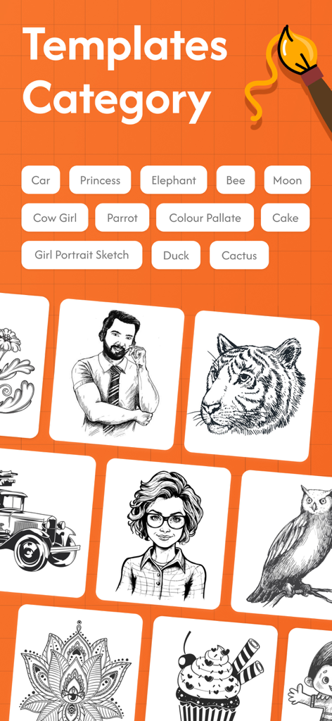 AR Drawing Sketch - Draw Anime - A menu showing various drawing categories and sketches like a tiger, owl, and portraits in the AR Drawing app.