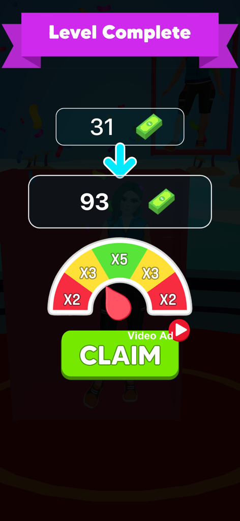 Makeup Girls Dress up Game - Una pantalla de fin de nivel en el juego Makeup Girls que muestra una rueda multiplicadora de recompensa en efectivo y un botón de reclamación.