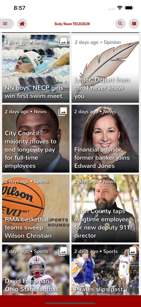 Screenshot of the RM Telegram app news feed featuring local sports and community news stories