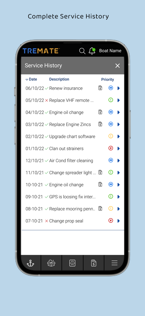 TreMate - Aplicación TreMate que muestra un registro detallado del historial de servicio del barco con tareas de mantenimiento y fechas
