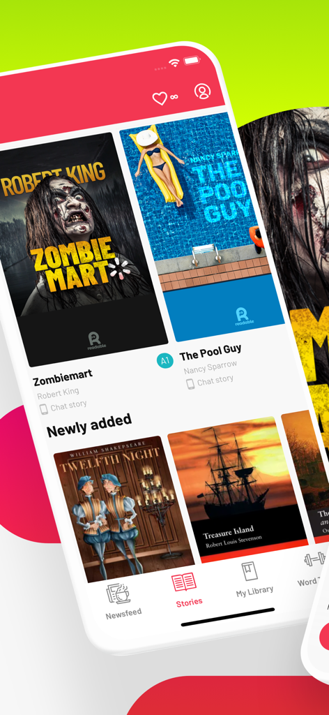 Readable: read English stories - Interface of the Readable app displaying a library of English stories including Zombiemart and Treasure Island.