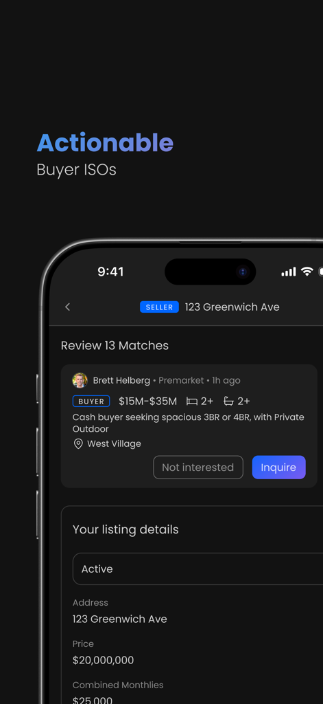 Écran de l'application Premarket montrant un agent immobilier faisant correspondre un acheteur avec une annonce hors marché