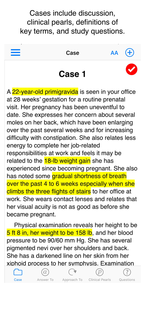 Clinical case study display in the High Risk Obstetrics app with highlighted medical findings