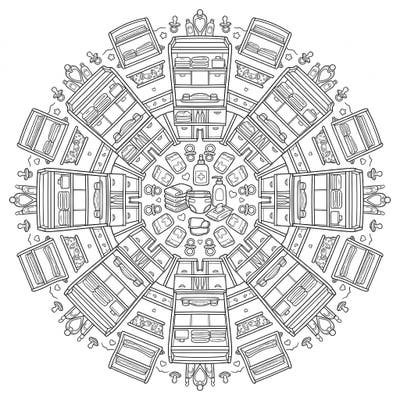 Dive into a unique blend of practicality and artistry with our Changing Table Mandala coloring page. This intricate design transforms everyday nursery essentials into a soothing, symmetrical pattern, perfect for mindful coloring.