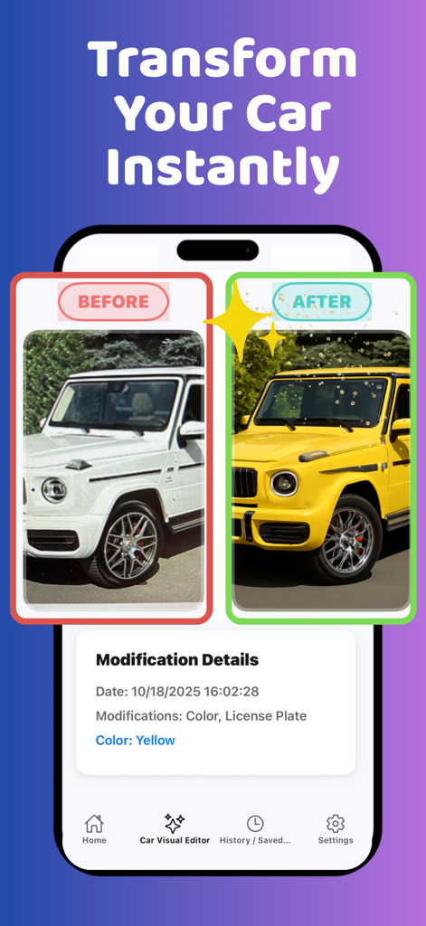 Modify - AI Car Mods & Theme - Before and after comparison of a white SUV transformed to yellow using the Modify AI car modification app