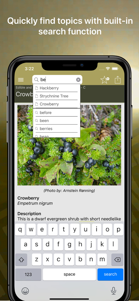 Wild Plant Survival Guide - Interface de l'application Guide de survie des plantes sauvages montrant la fonction de recherche avec des résultats pour les plantes comestibles et toxiques
