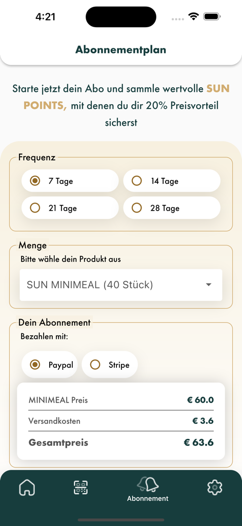 SUN APP (REWARDS) - SUN APP subscription plan interface showing frequency and payment options for MINIMEALS