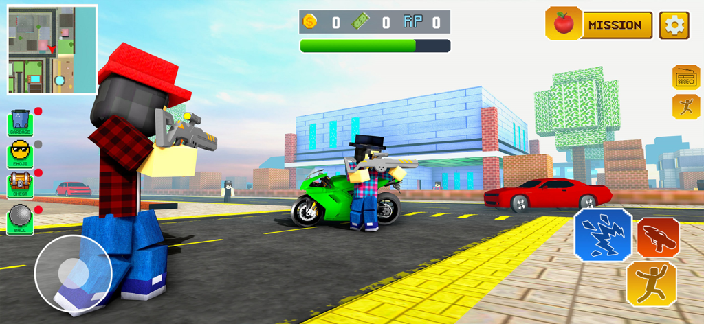 Block Party Fun World - Pixel characters holding guns near a motorcycle and car in a blocky city environment