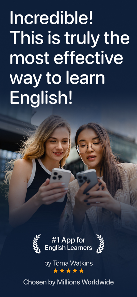 BetterSpeak: AI Language Tutor - 5つ星評価と証言テキストが表示されたBetterSpeak AI英語学習アプリを使用している女性2人が笑顔でいる様子