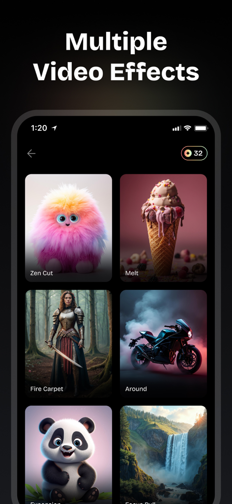 Text To Video AI - Vixora - Vixora mobile app screen showing a selection of AI video effect templates including fantasy characters and scenic objects