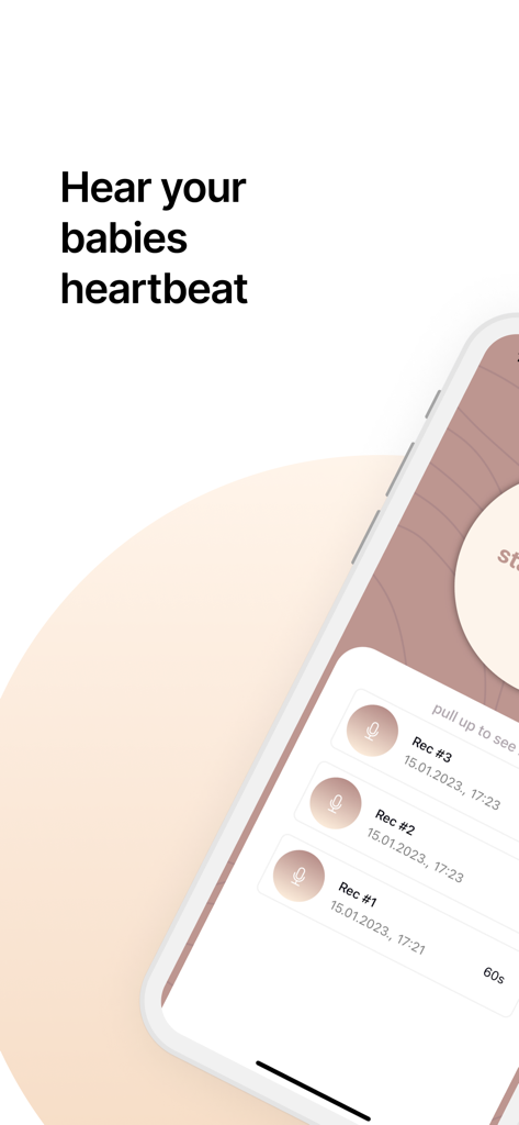Snuggly: Record Baby Heartbeat - App interface for Snuggly showing a list of recorded baby heartbeats and the headline Hear your babies heartbeat