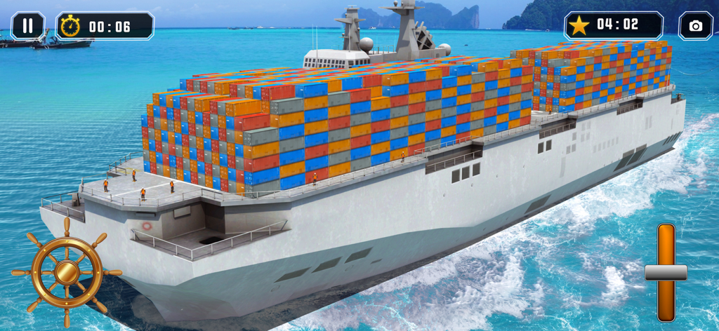 Ship Simulator Boat Games 2024 - A large cargo ship carrying colorful containers at sea in a ship simulator game