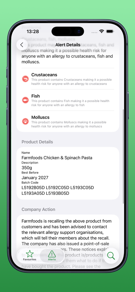 UK Food Hygiene Ratings - Allergy alert and product recall details screen in the UK Food Hygiene Ratings app