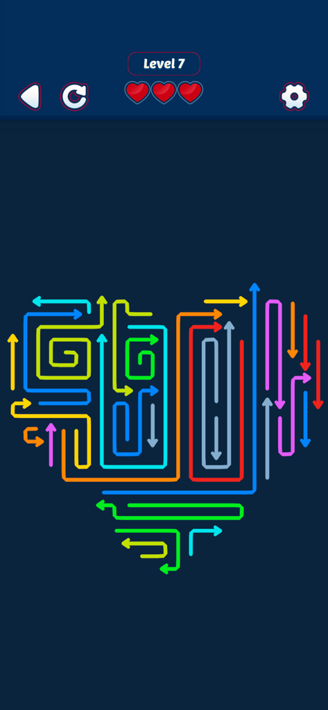 Tap Shift: Arrow Escape Puzzle - Gameplay screenshot of Tap Shift Arrow Escape Puzzle showing Level 7 with colorful arrows forming a heart shape on a dark blue background