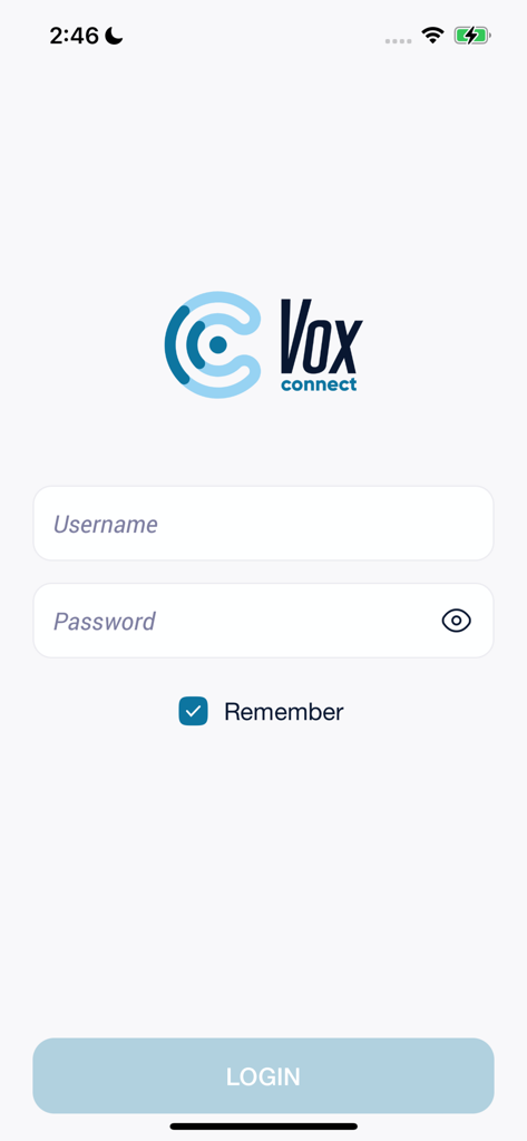 Vox Connect - Login screen for the Vox Connect tour guide app with username and password entry fields