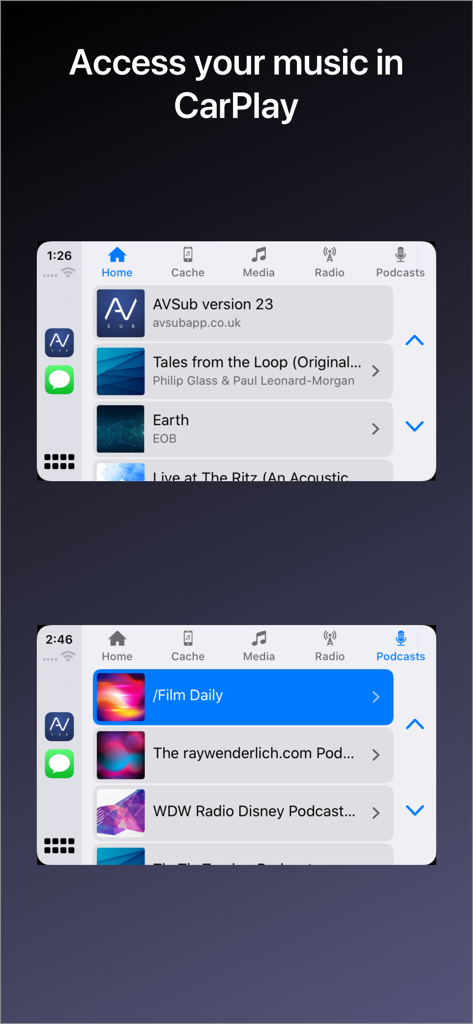 Interfaz de transmisión de música y podcasts de AVSub en Apple CarPlay