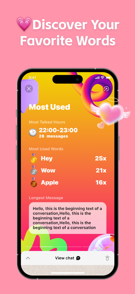 Eine mobile Oberfläche, die Chat-Statistiken anzeigt, einschließlich der am häufigsten verwendeten Wörter wie Hey und Wow und der Spitzen-Messaging-Zeiten.