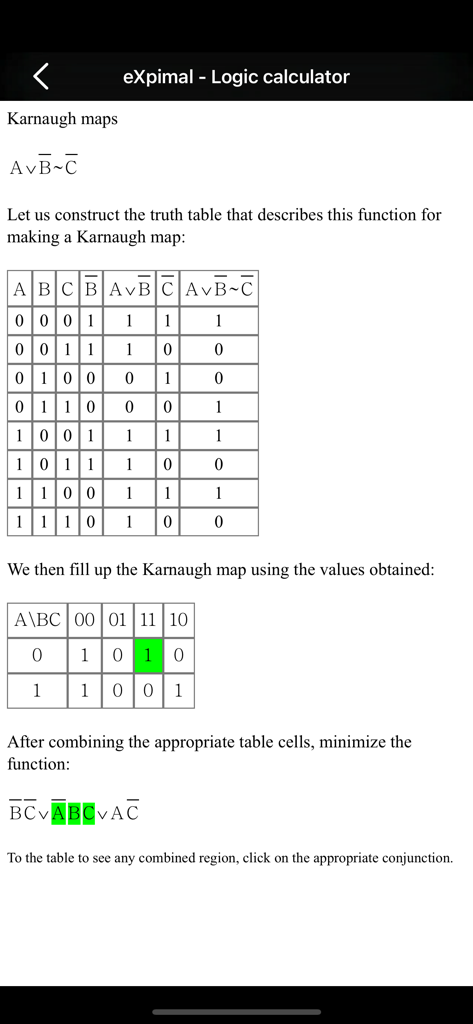 eXpimal - Logic calculator - Logic calculator interface showing a truth table and Karnaugh map minimization process