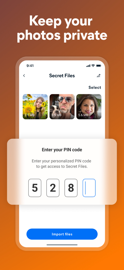 Avast Cleanup interface for secret files with a PIN code entry to keep photos private