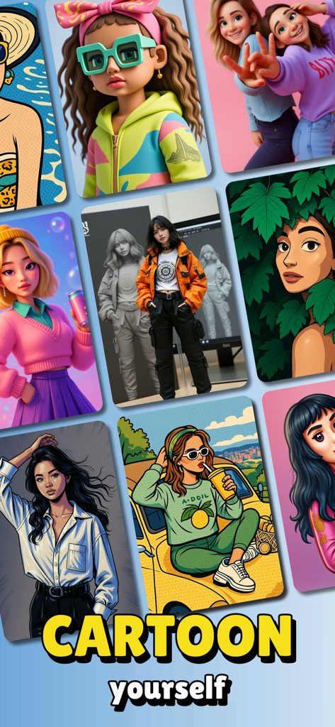 Una colección de diversos estilos y filtros de retratos de dibujos animados generados por IA