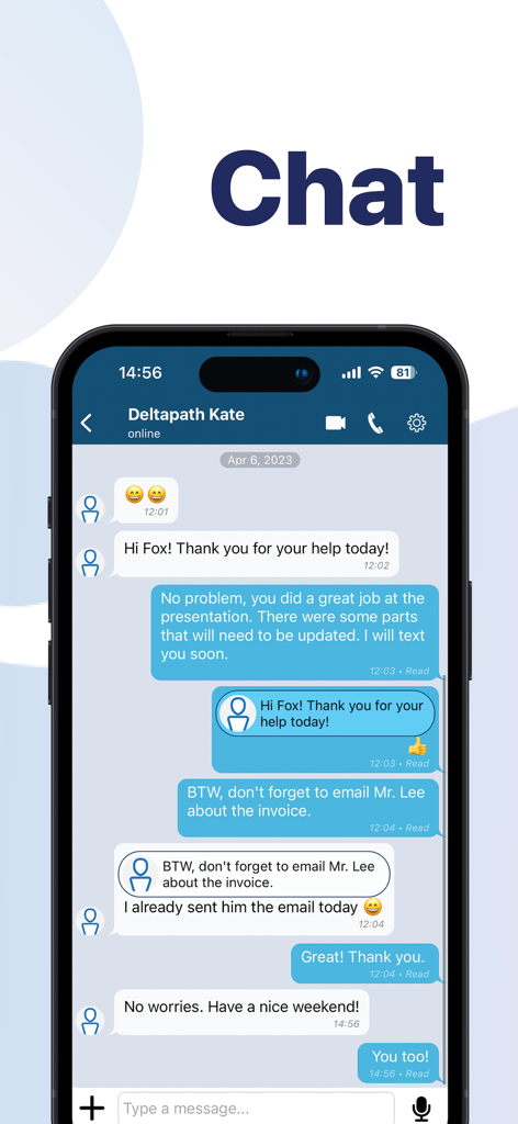 Deltapath Mobile - Screenshot of the Deltapath Mobile app showing the secure corporate instant messaging chat interface.
