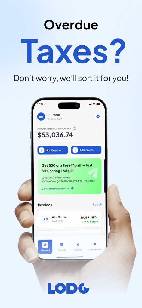 Lodg NZ - Smartphone screen displaying the Lodg NZ tax app dashboard with tax tracking and financial management features for sole traders.