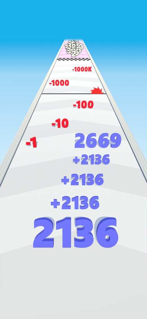 Number Run & Merge: Shooting - Una schermata di gioco 3D runner che mostra un grande numero blu 2136 che si muove lungo una pista verso ostacoli numerici negativi rossi