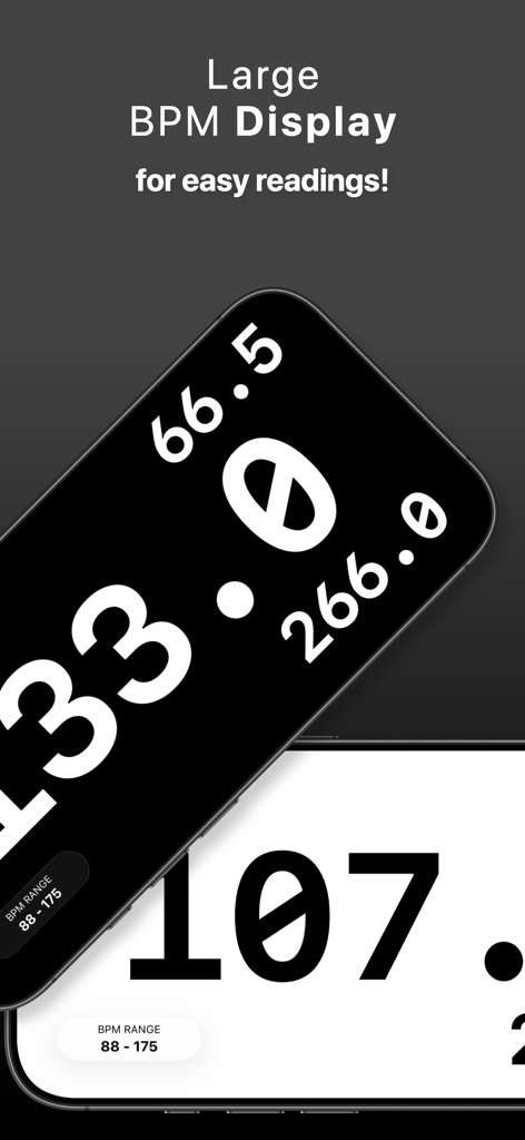 BPM Detector : Live Tempo - Interfaz de la app Detector de BPM con pantalla completa grande de tempo para lecturas fáciles