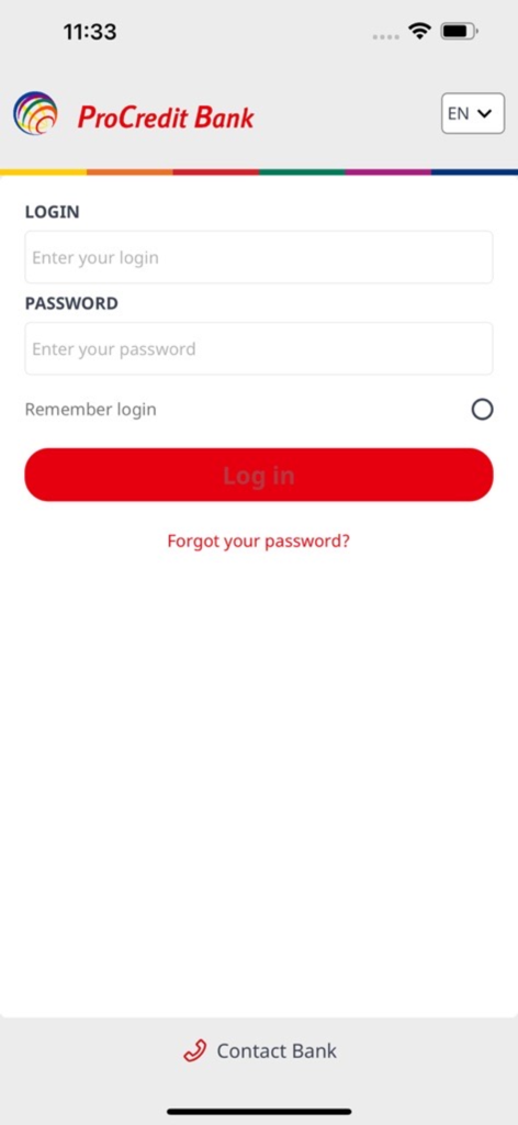 ProCredit Moldova mobile banking app login screen with username and password fields